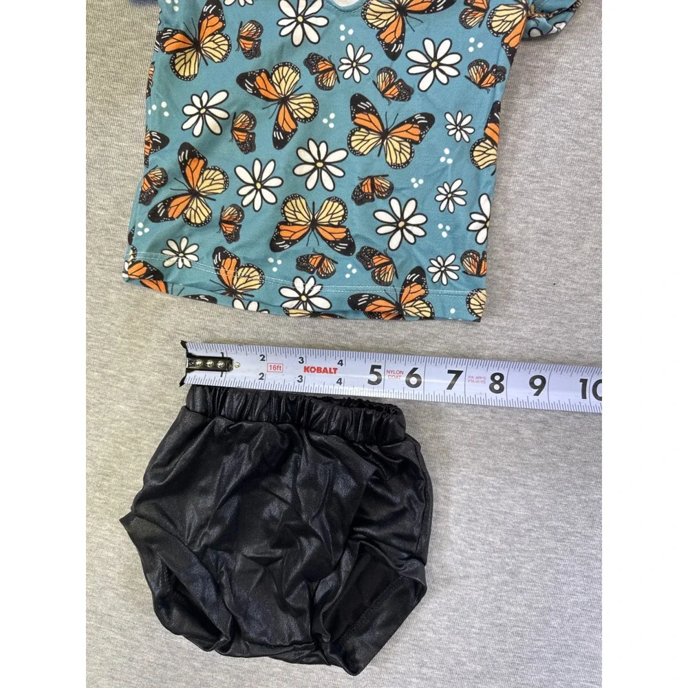 Infant Toddler Butterfly Floral‎ Top and Black Bummies 2 Piece Set Teal